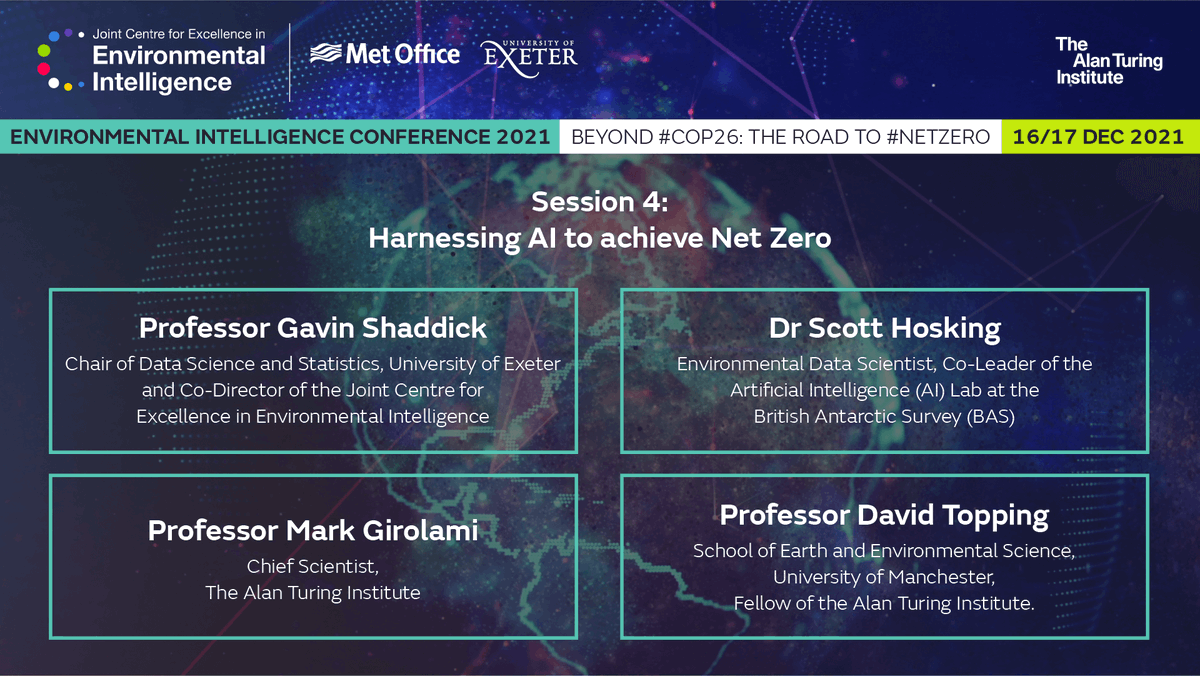 Artificial intelligence #AI is being used to achieve #NetZero. Find out how with Prof <a href="/gavin_shaddick/">Gavin Shaddick</a> <a href="/UniofExeter/">University of Exeter</a>, Prof Mark Girolami, Dr @scotthosking and Professor David Topping <a href="/lanky_manky/">David Topping</a> <a href="/turinginst/">The Alan Turing Institute</a> at #JCEEI #EIConf21👉bit.ly/3DHUaLo