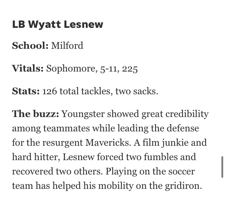 amicovich's tweet photo. @MilfordFootball @Wasnich22 @freep 

You simply cannot find a tougher, smarter, or more physical LB than Wyatt Lesnew. 

He watches more film than your average High School DC and will smack your favorite RB into next week. 

There was not 1 LB we faced this year better than him. https://t.co/f68tTX8Py1