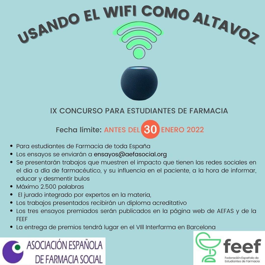 9°CONCURSO PARA ESTUDIANTES DE FARMACIA 

- ¿Sobre qué es? El impacto que tienen las redes sociales en el día a día del farmacéutico, y su influencia en el paciente, a la hora de informar, educar y desmentir bulos.
- Fecha límite: 30 de Enero de 2022

PARA MÁS INFORMACIÓN 👇