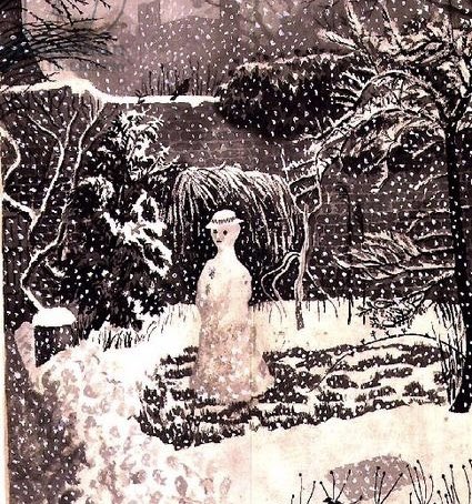 Snow Woman, by Tirzah Garwood, (1908-1951). The wife of #EricRavilious, she was a painter &amp; engraver, who resumed her career in the 1940s, after putting it on hold following her husband’s death. #FolkloreThursday
