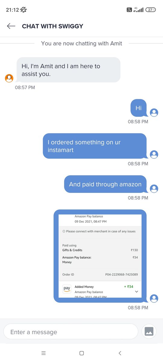 cutesteev's tweet photo. @swiggy_in I ordered for the first time in your instamart and see the response of your service. 
That's why people prefer zomato over swiggy. 
@zomato @SwiggyInstamart https://t.co/irTUHO8bfG