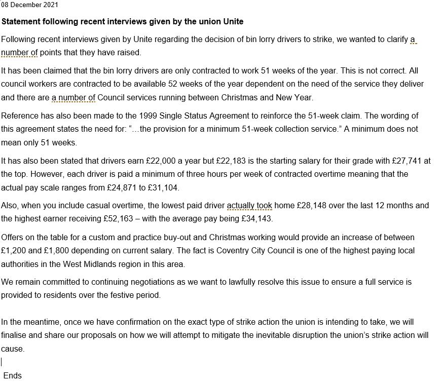 Coventry City Council Leader <a href="/CCCLeader/">Cllr George Duggins</a>  Statement following recent interviews given by the union Unite