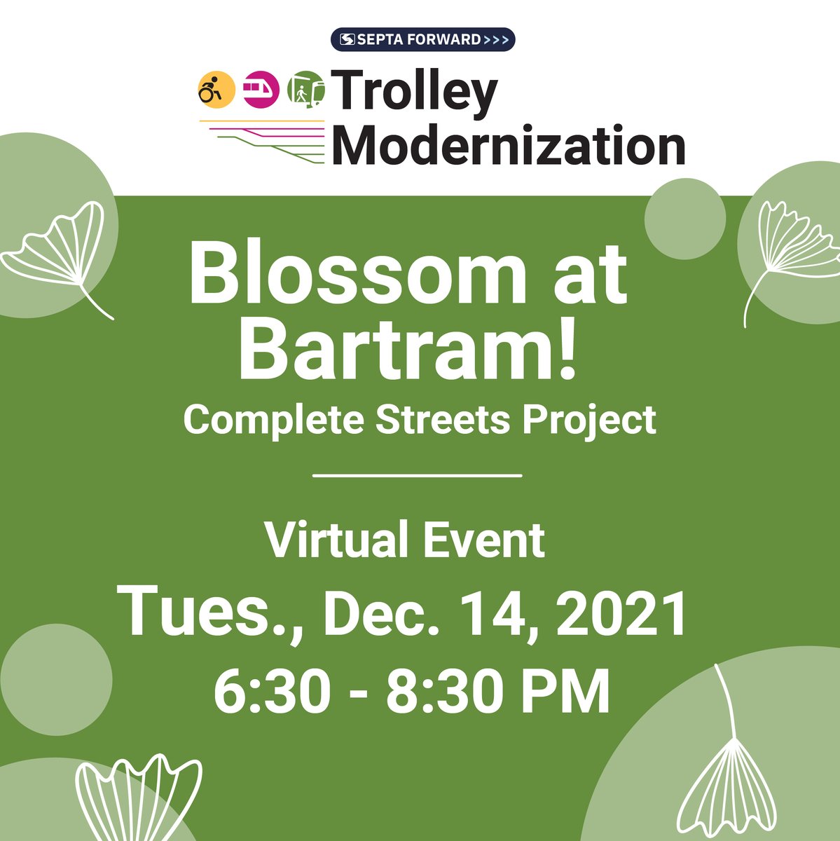 SEPTAPHILLY's tweet photo. Join #SEPTA TONIGHT for a virtual listening event for Blossom at Bartram Complete Streets Project. Register here: https://t.co/m8Lxvv45G6 or call +1 312 626 6799. #ISEPTAPHILLY #waytogo #TrolleyModernization https://t.co/RsrIFGb3nA