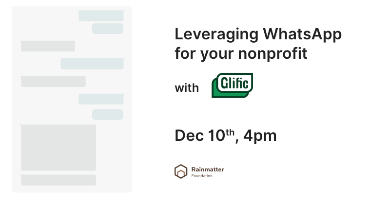 RainmatterOrg's tweet photo. We're hosting a session on 'Leveraging WhatsApp for organizations using Glific' tomorrow, Friday Dec 10, 4 PM.
#WhatsApp #Glific https://t.co/quYgLkW0Vw
