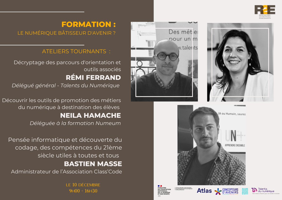 Rencontres2e's tweet photo. Lors de notre #R2EFORMATION du 10/12 les participants auront l'opportunité de participer dans l'aprÚs-midi aux ateliers animés par @RemiFerrand_ @talentsdunum , @BastienMasse @classcode_fr et Neila Hamadache @numeum_ pour découvrir des outils #pedagogiques utilisables en classe https://t.co/dg7p5wviIQ