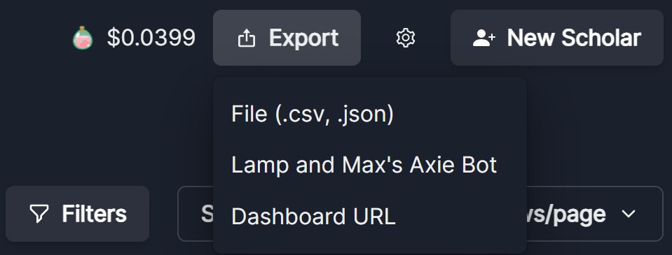 AbOvoGuild's tweet image. The EBC team worked with @maxbrand99 to make sure everyone using our scholar tracker could easily export their information into this amazing new resource! Working together with to make life easier for our fellow Lunacians!