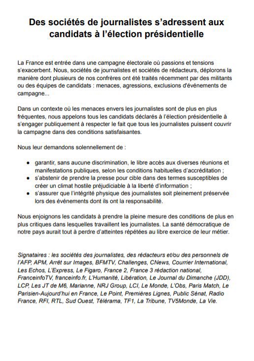 📣Les SDJ de 38 médias, dont la nôtre, appellent tous les candidats déclarés à l’élection présidentielle à s’engager publiquement à respecter le fait que tous les journalistes puissent couvrir la campagne dans des conditions satisfaisantes.