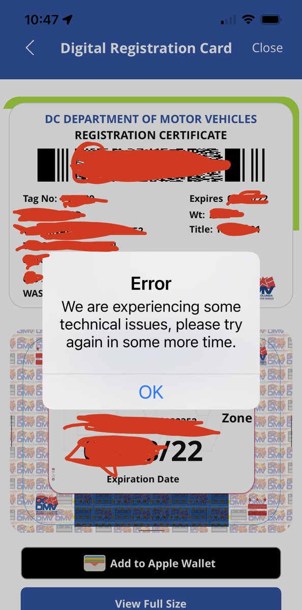 capitolization's tweet image. It’s nice that @councilofdc is making online drivers licenses a thing. But @dcdmv ‘s app hasn’t worked for adding car registration to Apple Wallet ever in my experience. So let’s fix existing functionality 1st before moving into new things.