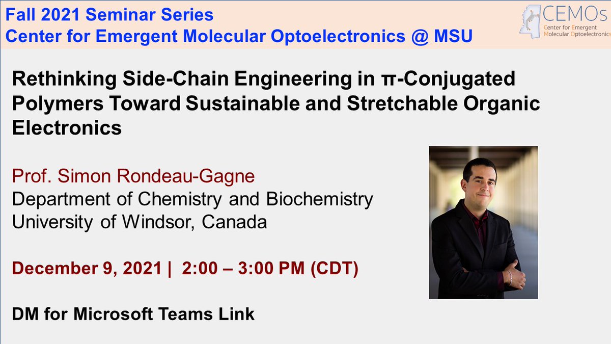 Kundu Research Group_Soft Materials Laboratory (@santanu_k_msu) on Twitter photo Today (Dec 9th), we welcome Prof. Simon Rondeau-Gagne from Univ of Windsor (Canada) as CEMOs@MSU seminar speaker. Looking forward to Prof. Rondeau-Gagne’s virtual visit and learning about novel synthesis strategies/applications of conjugated polymers.
<a href="/SimonRondeau/">Simon Rondeau-Gagne</a>
@rai_neeraj2 Today (Dec 9th), we welcome Prof. Simon Rondeau-Gagne from Univ of Windsor (Canada) as CEMOs@MSU seminar speaker. Looking forward to Prof. Rondeau-Gagne’s virtual visit and learning about novel synthesis strategies/applications of conjugated polymers.
<a href="/SimonRondeau/">Simon Rondeau-Gagne</a>
@rai_neeraj2
