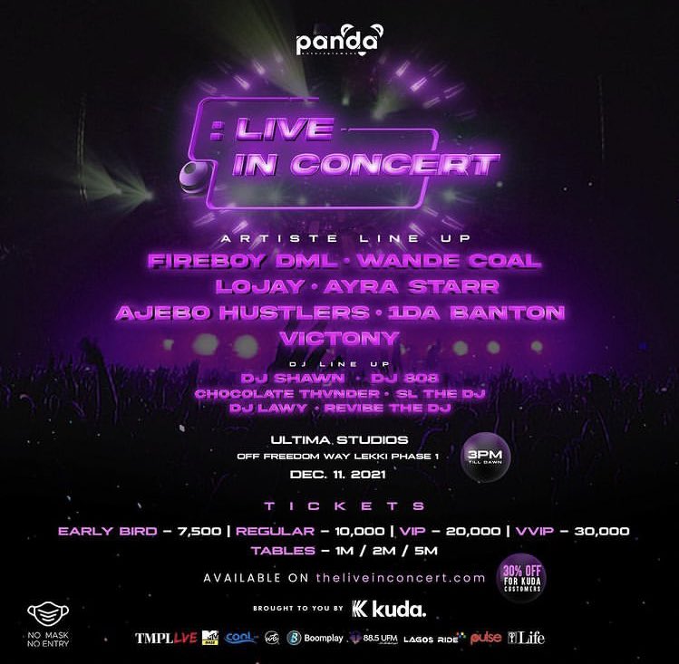 TurntableCharts's tweet photo. .@pandaent__ brings you THE LIVE IN CONCERT

The lineup features @fireboydml, @wandecoal, @ayrastarr, @Lojaymusic &amp; more

📍: Ultima Studios, Lekki
🗓: Dec 11

Get tickets on https://t.co/omvmw24Vd1 and 30% off tickets on https://t.co/95k0kM7KXR

#KUDAxLIC #TLIC #TheLiveInConcert https://t.co/elfrzOPOju