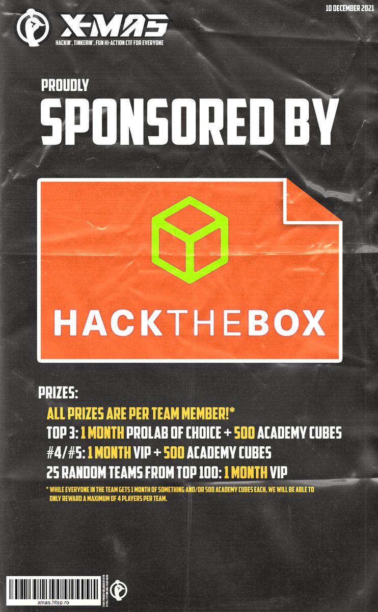 HTsP (@htspctf) on Twitter photo Ho ho ho! The prizes for X-MAS CTF 2021 are now officially announced! This year we are sponsored by <a href="/hackthebox_eu/">Hack The Box</a>!
Soon, we will also tease a few of the experimental challenges we have prepared for this year.
Register now! xmas.htsp.ro/login Ho ho ho! The prizes for X-MAS CTF 2021 are now officially announced! This year we are sponsored by <a href="/hackthebox_eu/">Hack The Box</a>!
Soon, we will also tease a few of the experimental challenges we have prepared for this year.
Register now! xmas.htsp.ro/login