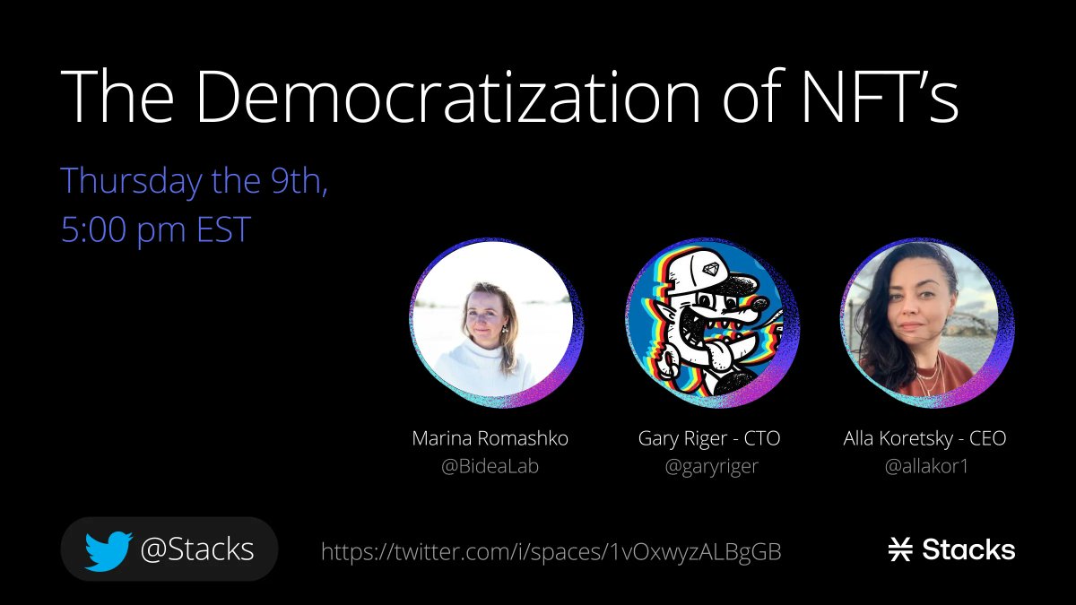 Stacks's tweet photo. Today's Crypto Internet Show (5PM EST) with @HeyLayer starts in 6 hours - The Democratization of NFTs: paying with a credit card, minting without a wallet, and much more 🔥 with Alla @AllaKor1 Gary @GaryRiger and Marina @BIdeaLab 🙏 Come and join us: https://t.co/Mabs1VQfZ6 https://t.co/85F6pNkgUs