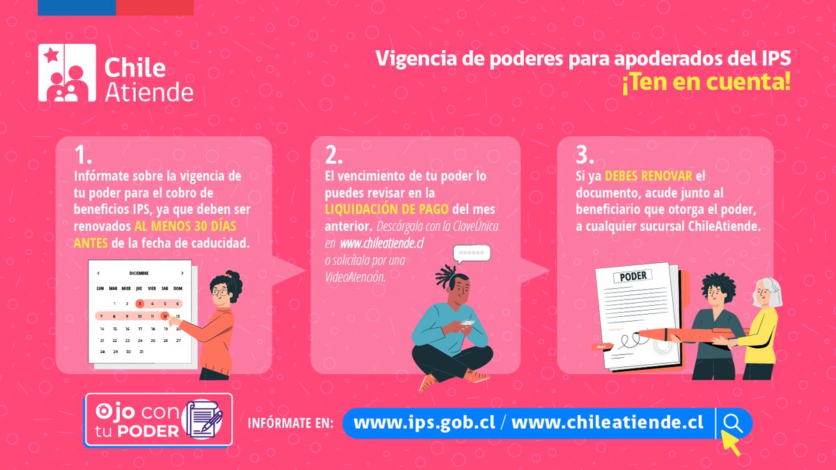 IPSChile's tweet photo. Si cobras un beneficio o pensión del IPS en calidad de apoderado, #OjoConTuPoder:
✅ Renuévalo un mes antes del vencimiento
✅ Ubica la fecha de caducidad en la liquidación de pago
✅ Si debes renovar, hazlo en una sucursal ChileAtiende.
+ Info aquí 👉 https://t.co/MWnTwz69R8 https://t.co/HGhz1wCw15