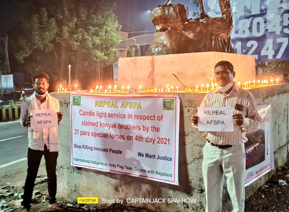AFSPA कानून रद होना चाहिए इसकी वजह से नागालैंड के 14 निर्दोष आदिवासी की जान चली गई और सालो से इसी कानून की वजह से निर्दोष आदिवासीयो की जान ली जा चुकी है।आज गुजरात मे उन मृतक आदिवासीयो को श्रधांजलि दी गई।कोन्याक आदिवासियो को न्याय नही मिलता तब तक हम उनके साथ खड़े है। #RepealAFSPA