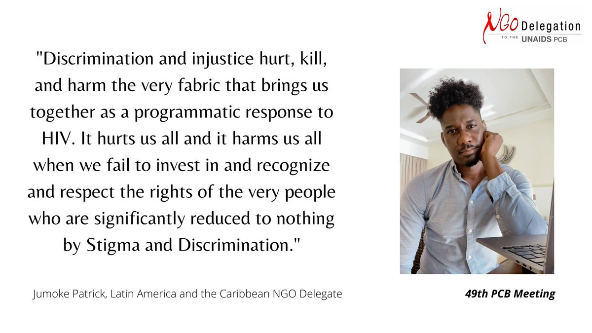 ngopcb's tweet photo. You may read the entire intervention of Jumoke Patrick, Latin America and the Caribbean, on agenda item 7 - Report on the progress on actions to reduce stigma and discrimination in all its forms- here:
https://t.co/QCJueTXn4w
#PCB49 #UNAIDS https://t.co/DMZtKAhxaj