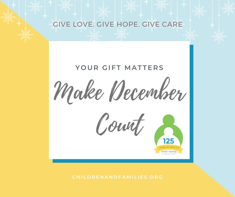 ChildandFamily_'s tweet image. Your gift matters! Let's #MakeDecemberCount together by supporting mental health and raising awareness. We can all GIVE LOVE. GIVE HOPE. GIVE CARE. this holiday season!

☎️Need support? Call 214.351.3490
👉DONATE or start a FUNdraiser today at Childrenandfamilies.org