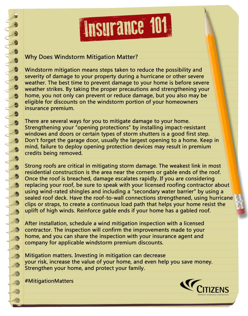 Citizens_agents's tweet photo. #MitigationMatters in this week's #Insurance101. Encourage clients to prepare throughout the year &amp; strengthen their home. Review projects that are eligible for policy discounts during their next review. Help them to #BeReady! #CitizensIsReady https://t.co/9DJP3NKmZf