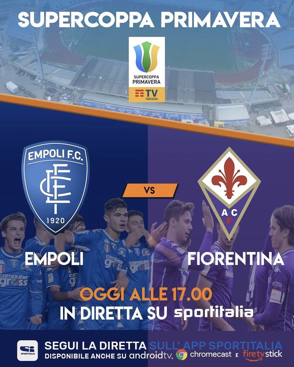 ✏️SUPERCOPPA PRIMAVERA
ore 17 Empoli-Fiorentina
🌟Telecronaca insieme a Gabriele Schiavi 

#empolifiorentina #supercoppaprimavera #supercoppa