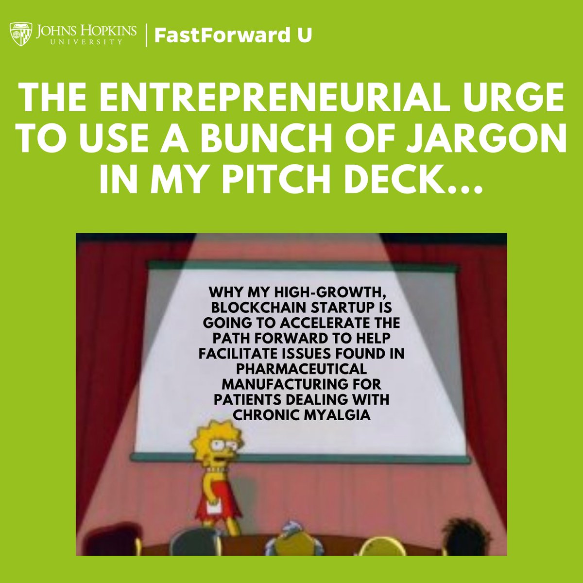PavaCenter's tweet photo. The entrepreneurial urge is real...π
Friendly reminder that if your startup pitch doesn't easily make sense to the average consumer, you should re-work it until it does.π‘
#innovationstartshere #fastforwardu #johnshopkinsuniversity #entrepreneurshipmeme https://t.co/xwIAuUL4fO