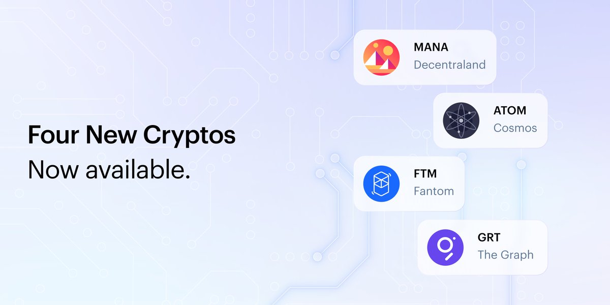 Four new crypto assets are now available on Public.com⚡️

Just added: 
➖ Decentraland, $MANA
➖ Cosmos, $ATOM
➖ Fantom, $FTM
➖ The Graph, $GRT