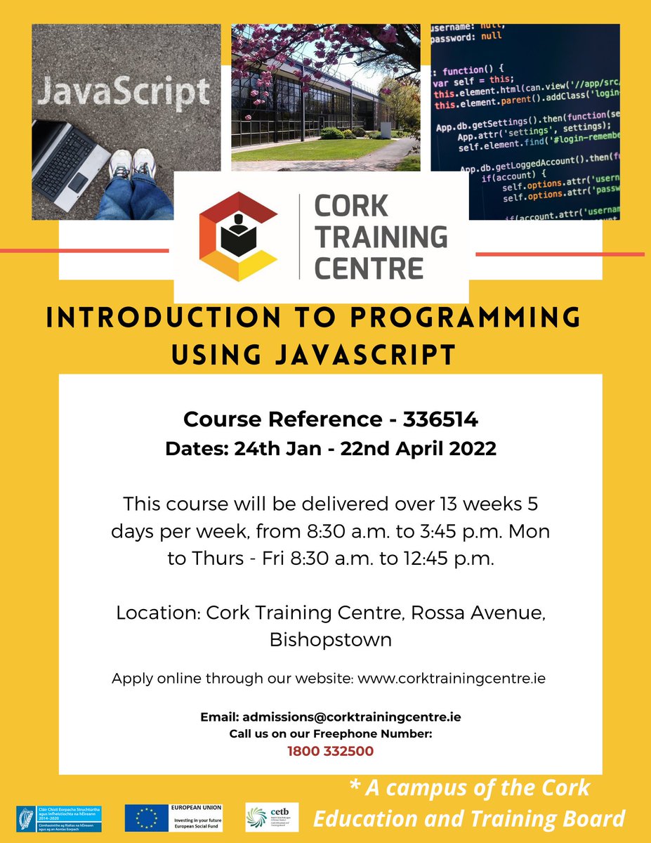 FETBishopstown's tweet photo. Are you interested in programming? Used in the creation of dynamic content, JavaScript is widely employed across websites and applications.
Check out our Introduction to Programming Using JavaScript course at Cork Training Centre. Commencing on 24th January 2022. https://t.co/1p2e9zaRdS