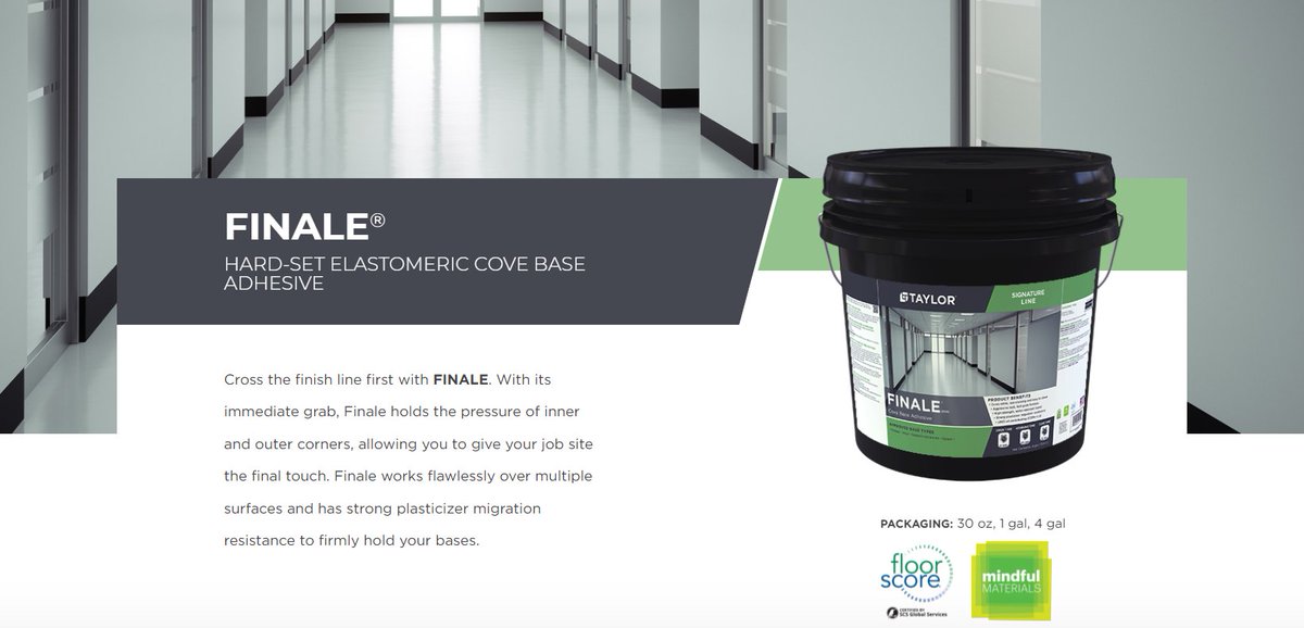 Cross the finish line first with FINALE by <a href="/tayloradhesives/">TAYLOR Adhesives</a>. With its immediate grab, Finale holds the pressure of inner and outer corners, allowing you to give your job site the final touch. 

Want more info? Contact your local EJW representative. 

#flooringadhesives #flooing