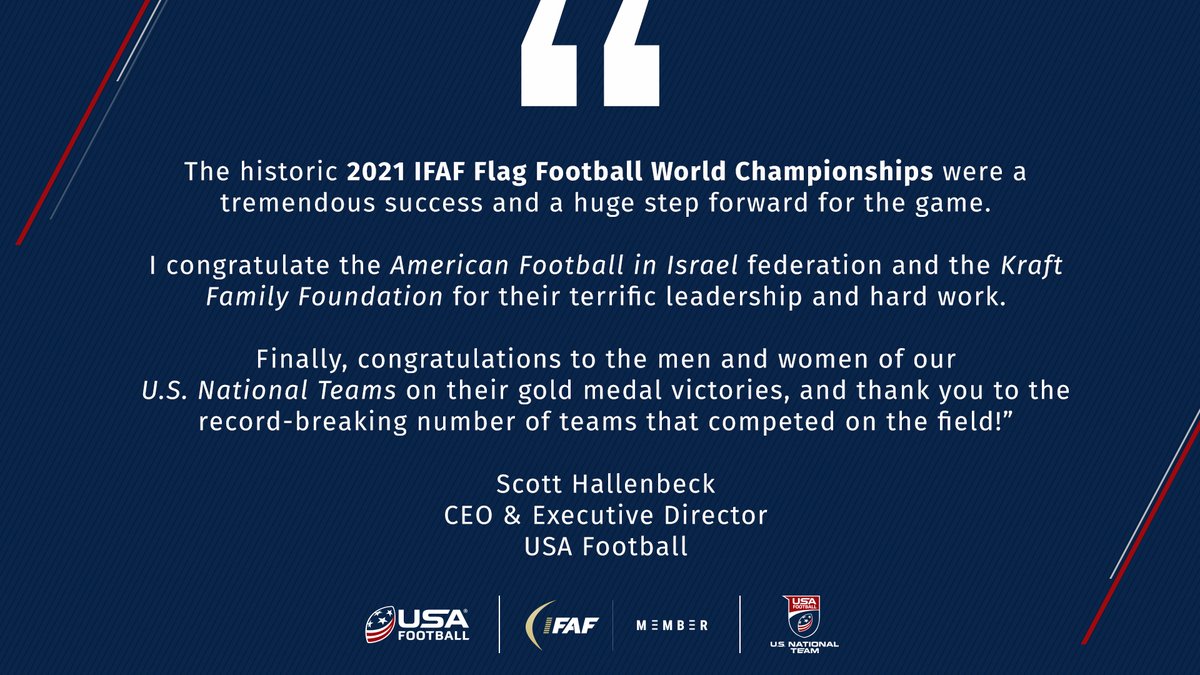 USAFootballHC's tweet photo. Congratulations to everyone that made an impact at successful 2021 IFAF Flag Football World Championships! 

@IFAFMedia @Patriots @USAFootball @usnft @AfiIsrael #usallin #flagfootball #roadtobhm https://t.co/T9wQDo41Nq