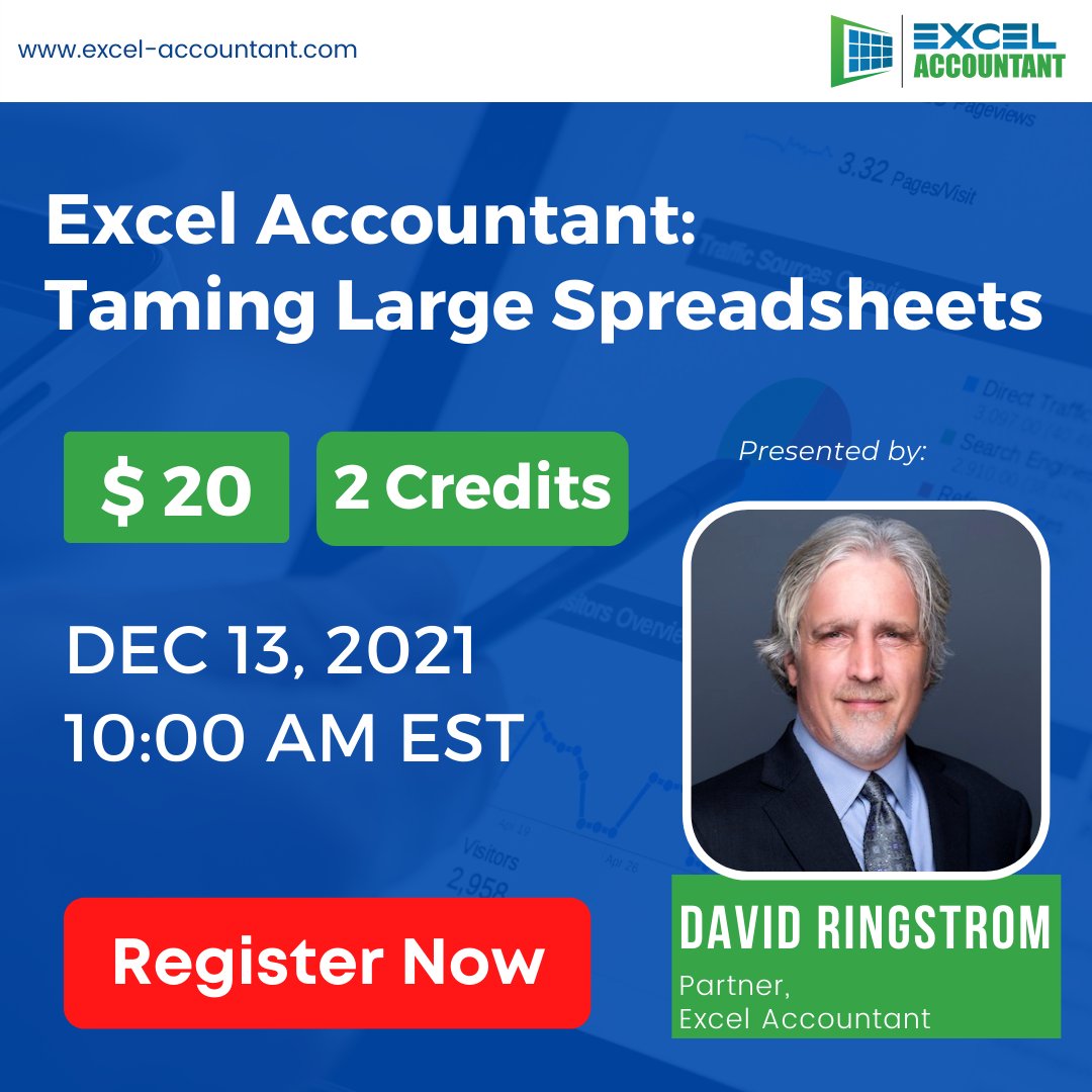 excel_account's tweet image. Join Excel expert David Ringstrom on Dec 13 for a webinar, where he will guide how to improve the integrity of large workbooks, avoid repetitive tasks, and much more.
Register now: bit.ly/3mYzd97
#excelspreadsheets #excelworkbook #spreadsheets #exceltips #exceltricks