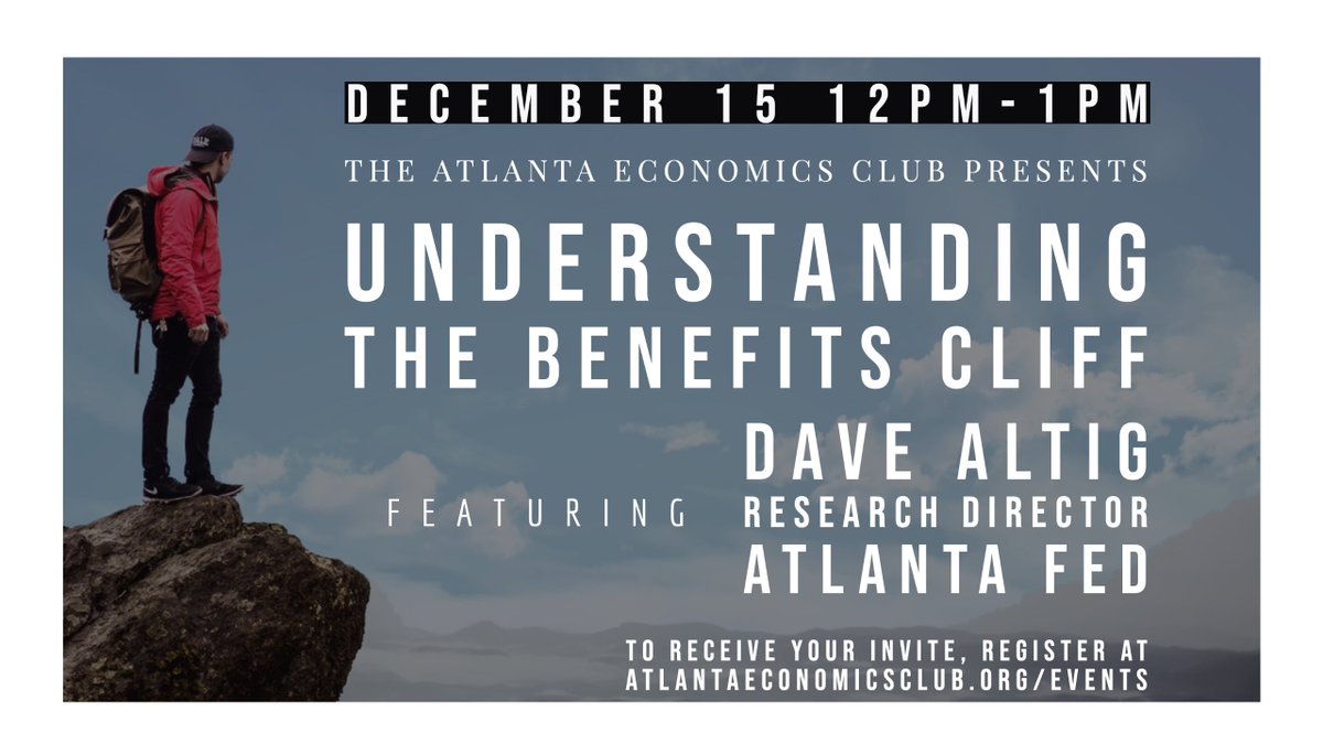 AtlantaEconClub's tweet photo. Christmas comes early once again this year for the AEC!  On Wednesday, December 15 from 12pm-1pm @AtlantaFed Research Director David Altig joins us to discuss Benefits Cliffs.

To register for this free webinar, visit: https://t.co/NzC06DnsQM https://t.co/ualhPHVgmx