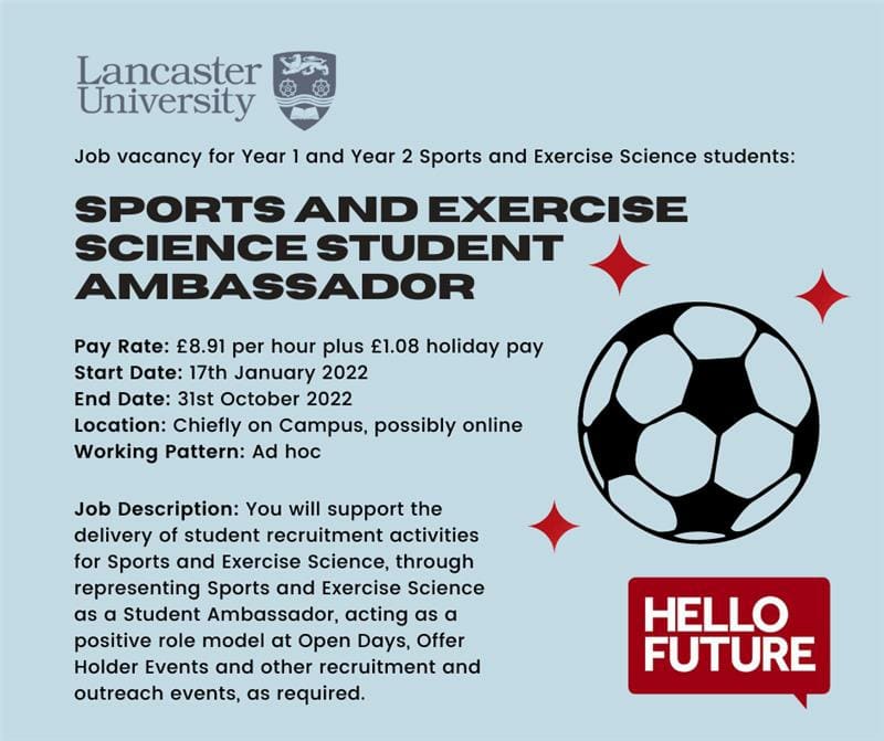 LURecruit's tweet photo. Lancaster Medical School is looking to appoint current Year 1 and Year 2 Sports and Exercise Science students to work as Sports and Exercise Science Student Ambassadors.

🔵 Apply through ERS today!

❗Closes 21st December 2021 https://t.co/ovM5sFocLp