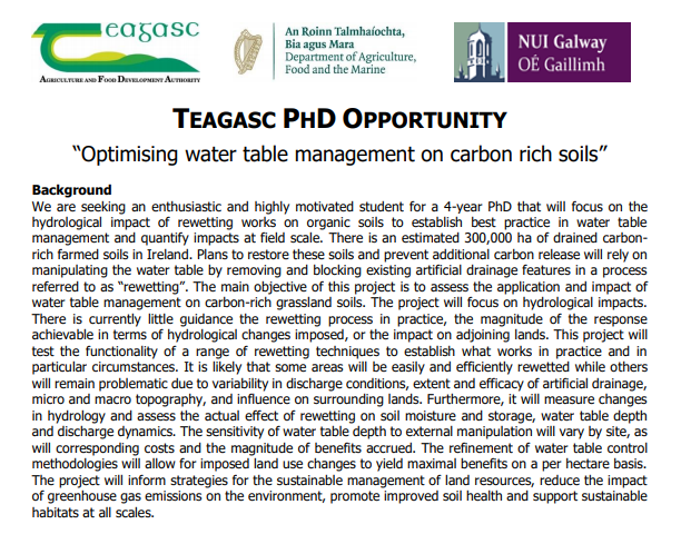ofenton's tweet photo. New PhD opportunity:
Optimising #watertable management on #carbon rich soils
Applicants should submit a CV and covering letter detailing their qualifications and experience to:
patrick.tuohy@teagasc.ie and eve.daly@nuigalway.ie
Closing date
Fri. 7 Jan 2022
#teagascJC https://t.co/7E88lYRmIN