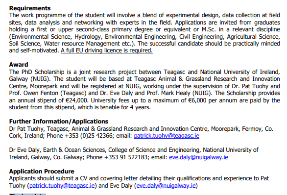 ofenton's tweet photo. New PhD opportunity:
Optimising #watertable management on #carbon rich soils
Applicants should submit a CV and covering letter detailing their qualifications and experience to:
patrick.tuohy@teagasc.ie and eve.daly@nuigalway.ie
Closing date
Fri. 7 Jan 2022
#teagascJC https://t.co/7E88lYRmIN