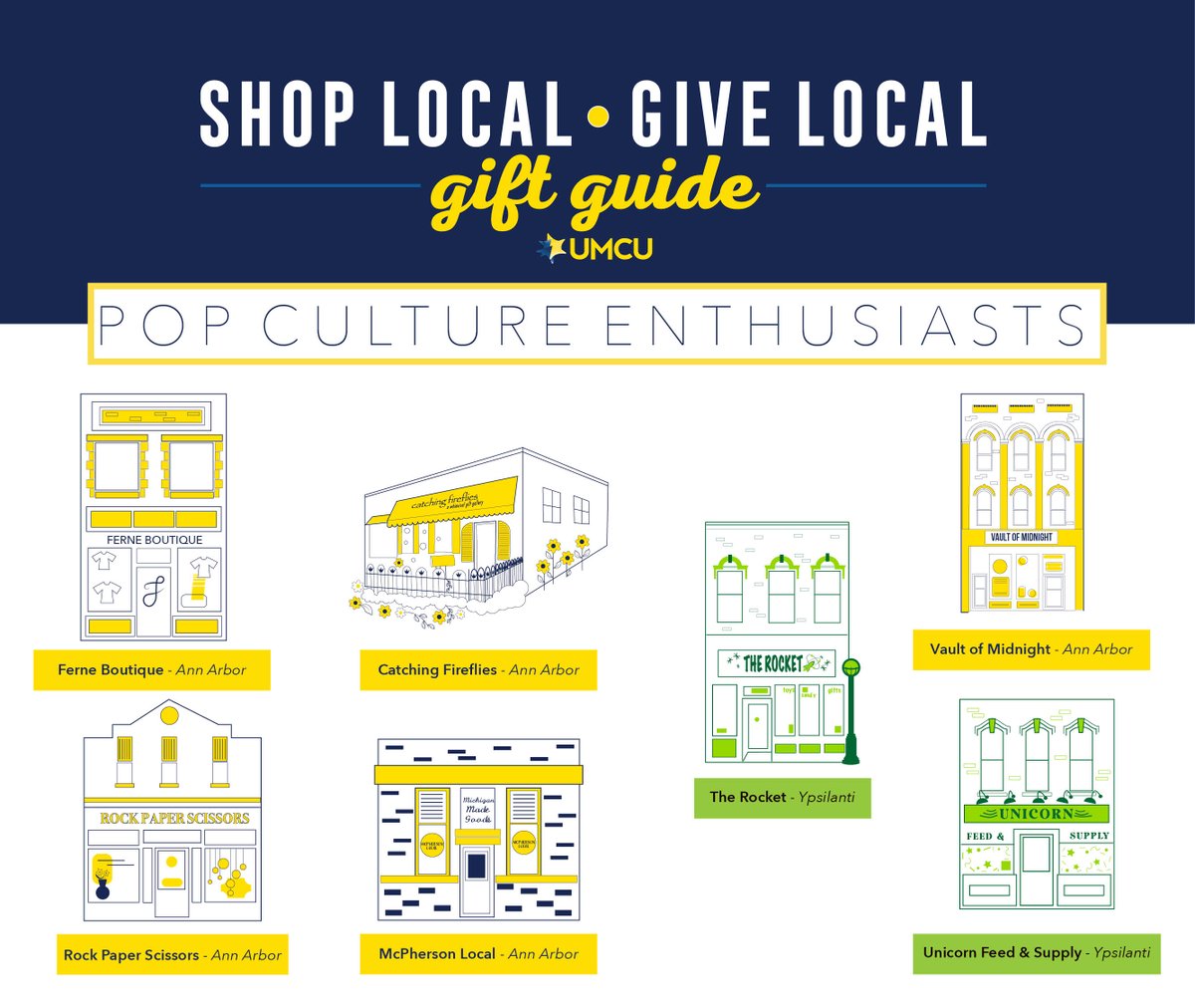 UMCreditUnion's tweet photo. Whether it’s movies, music, TV, literature, or art, your search to find a great gift is over. Stop by any of these #ShopLocalGiveLocal vendors to check the pop-culture enthusiast off your holiday list! 📺🎵🎥📚 #UMCUGiftGuide https://t.co/nH0jCeBxwH