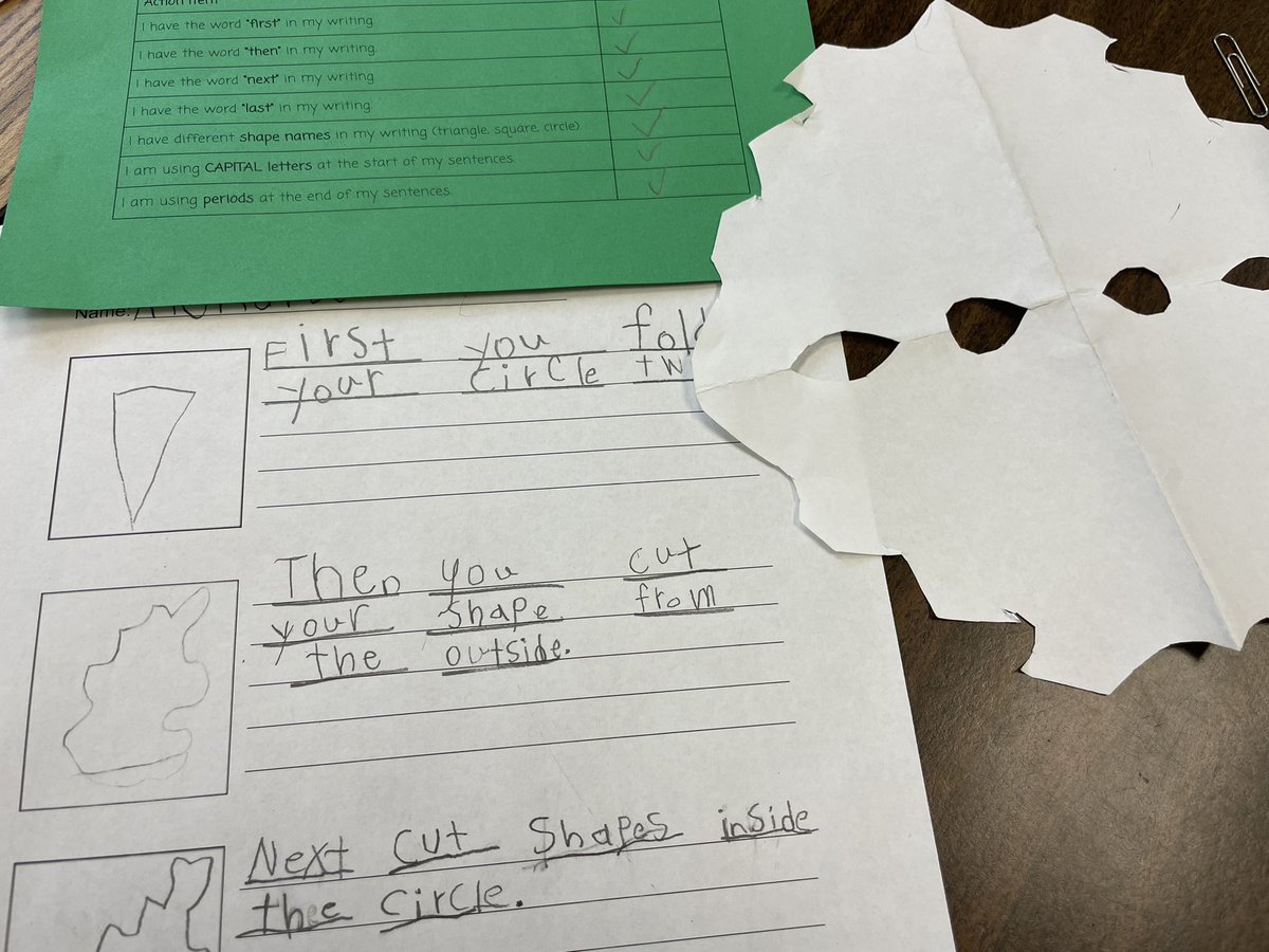 Emm_Perez2's tweet photo. So happy with how these writing samples turned out! Thank you @kbworthington1 for coaching me through this writing cycle! First graders targeted the words first, then, next, and last to write how to make a snowflake. Excited for their surprise next week! @EastESNC @UCPS_ESL https://t.co/nxy7cHwU6X