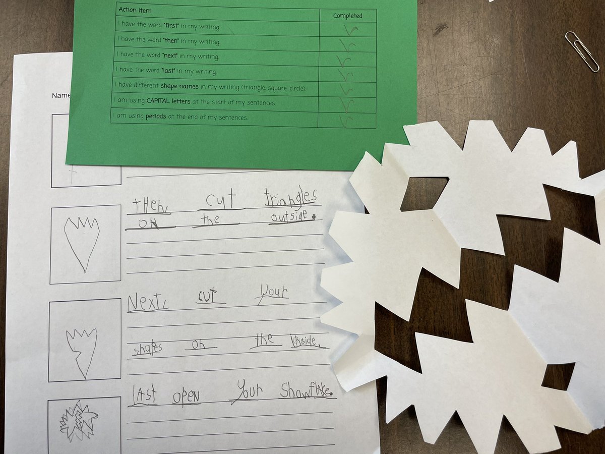 Emm_Perez2's tweet photo. So happy with how these writing samples turned out! Thank you @kbworthington1 for coaching me through this writing cycle! First graders targeted the words first, then, next, and last to write how to make a snowflake. Excited for their surprise next week! @EastESNC @UCPS_ESL https://t.co/nxy7cHwU6X
