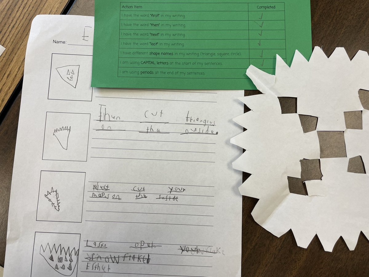 Emm_Perez2's tweet photo. So happy with how these writing samples turned out! Thank you @kbworthington1 for coaching me through this writing cycle! First graders targeted the words first, then, next, and last to write how to make a snowflake. Excited for their surprise next week! @EastESNC @UCPS_ESL https://t.co/nxy7cHwU6X