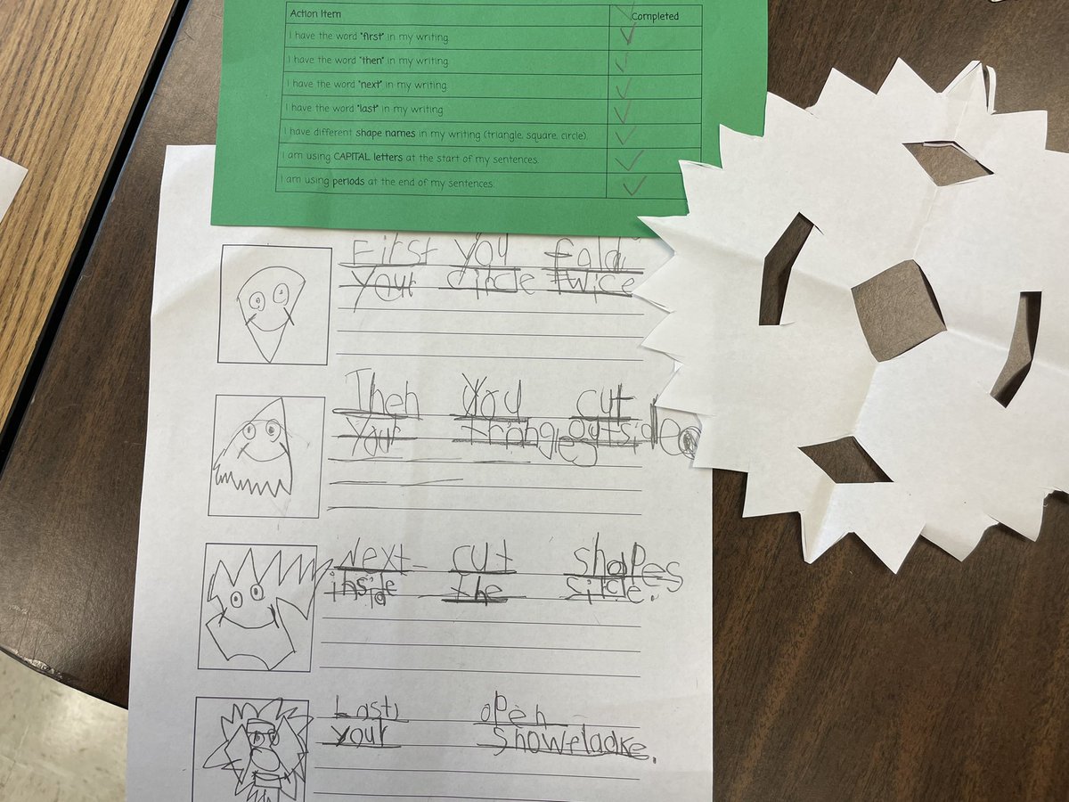 Emm_Perez2's tweet photo. So happy with how these writing samples turned out! Thank you @kbworthington1 for coaching me through this writing cycle! First graders targeted the words first, then, next, and last to write how to make a snowflake. Excited for their surprise next week! @EastESNC @UCPS_ESL https://t.co/nxy7cHwU6X
