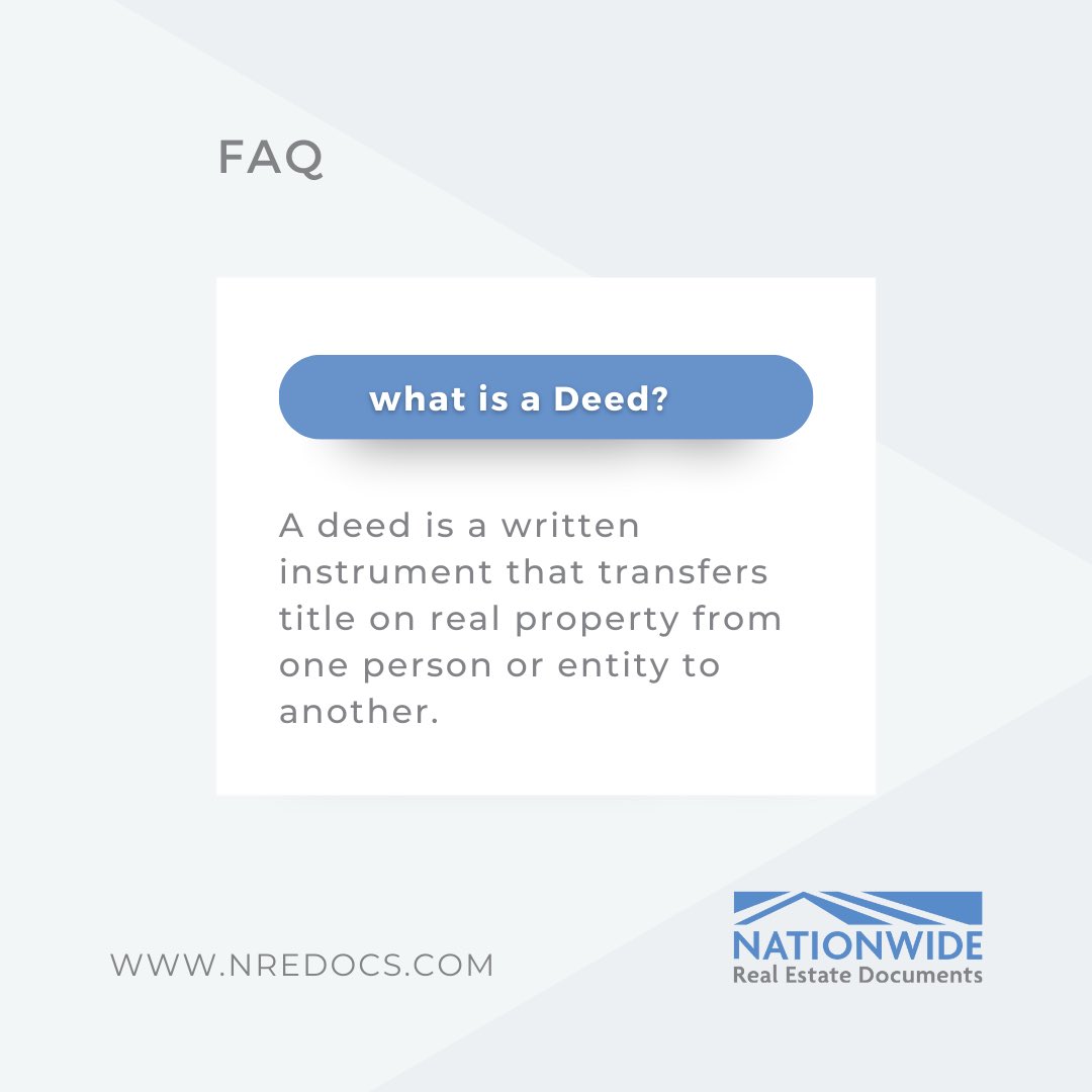 #NREDocsFAQ: What is a Deed? | A deed is a written instrument that transfers title on real property from one person or entity to another. Click the link in our bio to learn more! #linkinbio #NREDocs #education #keeplearning #realestate #businesstransactions #FAQ 📄