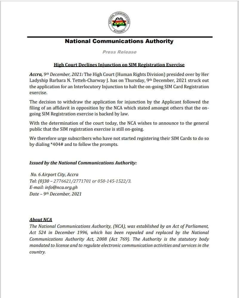 NCAGhana's tweet photo. High Court Declines Injunction on SIM Registration Exercise https://t.co/DoZg2IOGzT