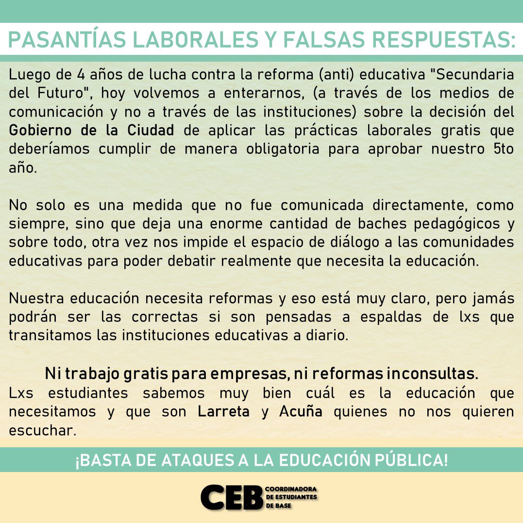 ceb_caba's tweet photo. PASANTÍAS LABORALES Y FALSAS RESPUESTAS: 👇👇👇

¡Basta de ataques a la educación pública! https://t.co/VsThPi8HPe