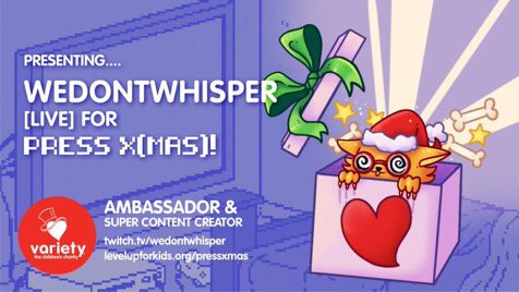🎁 [LIVE] 

Spirits are high! It’s the first snowfall of the year for me! ❄️ 

Let’s play some <a href="/AnimalRoyale/">Super Animal Royale</a> while raising funds for <a href="/varietyvic/">Variety - the Children's Charity ❤️</a>’s Press X(Mas) event! 

Big thanks to Variety’s Lauren for the awesome thumbnail and art! 🥰

Twitch.tv/WeDontWhisper