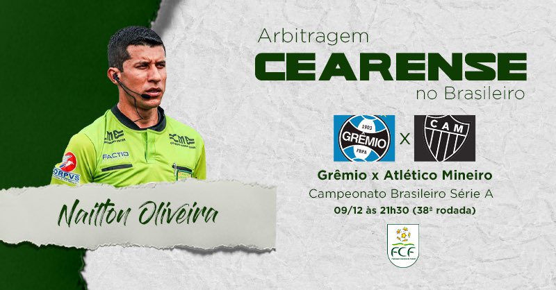FCFutebol's tweet photo. Apito Cearense na Rodada! 💚
Na rodada decisiva do #CampeonatoBrasileiro 2021, teremos o Nailton Oliveira como nosso representante na arbitragem brasileira!
#arbitro #arbitragem #arbitroesportivo #var #futebol #apito #brasileirao #campeonatobrasileiro https://t.co/6rmwnvfYki
