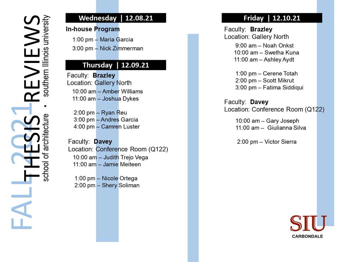 SIUArchitecture's tweet photo. Hey Salukis,

This week is our Fall 2021 Thesis Reviews. Good luck to those presenting this week! https://t.co/mnemuygrC4