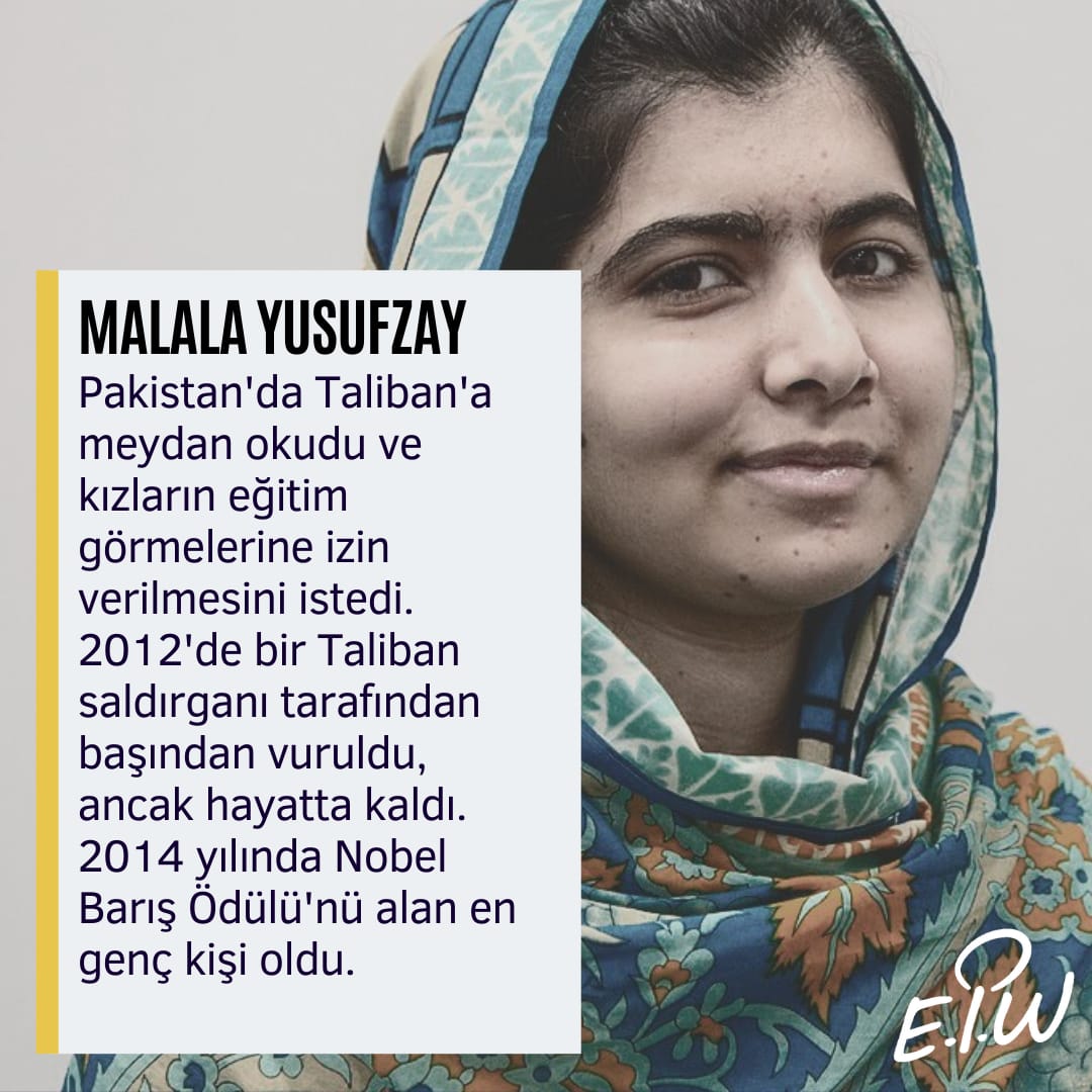 Malala Yusufzay. 
Bu ismi daha önce hiç duydunuz mu? 

Malala, kadınların eğitim hakları konusunda çalışmaları ile adını dünyaya duyurmuş genç bir aktivist. Mücadelesi sayesinde 2014 yılında Nobel Barış Ödülü'nü alan en genç kişi oldu. 

Kaynak: biography.com

#eiw