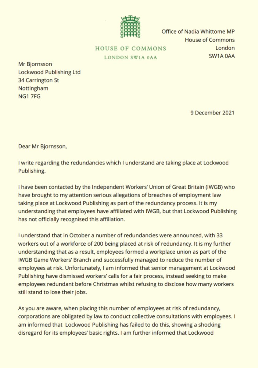 NadiaWhittomeMP's tweet photo. Nottingham-based Lockwood Publishing is making 10% of its staff redundant just before Christmas.

I share the @IWGBunion's concerns that the process they are using is unlawful.

I've written to @LockwoodLKWD. This redundancy process should be halted immediately. https://t.co/9pnuNxxkki