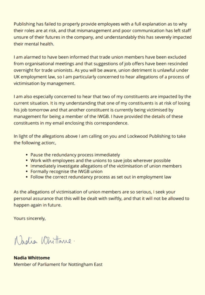 NadiaWhittomeMP's tweet photo. Nottingham-based Lockwood Publishing is making 10% of its staff redundant just before Christmas.

I share the @IWGBunion's concerns that the process they are using is unlawful.

I've written to @LockwoodLKWD. This redundancy process should be halted immediately. https://t.co/9pnuNxxkki