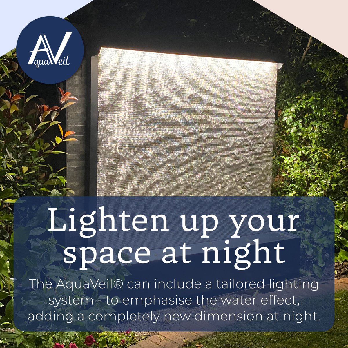 The AquaVeil®'s striking embossed water effect can be experienced during both night and day, due to its tailored lighting system, which beautifully accentuates the flowing water aesthetics.

Get started on booking your AquaVeil Water Feature today: landingpage.aquaveil.co.uk/lp2/
