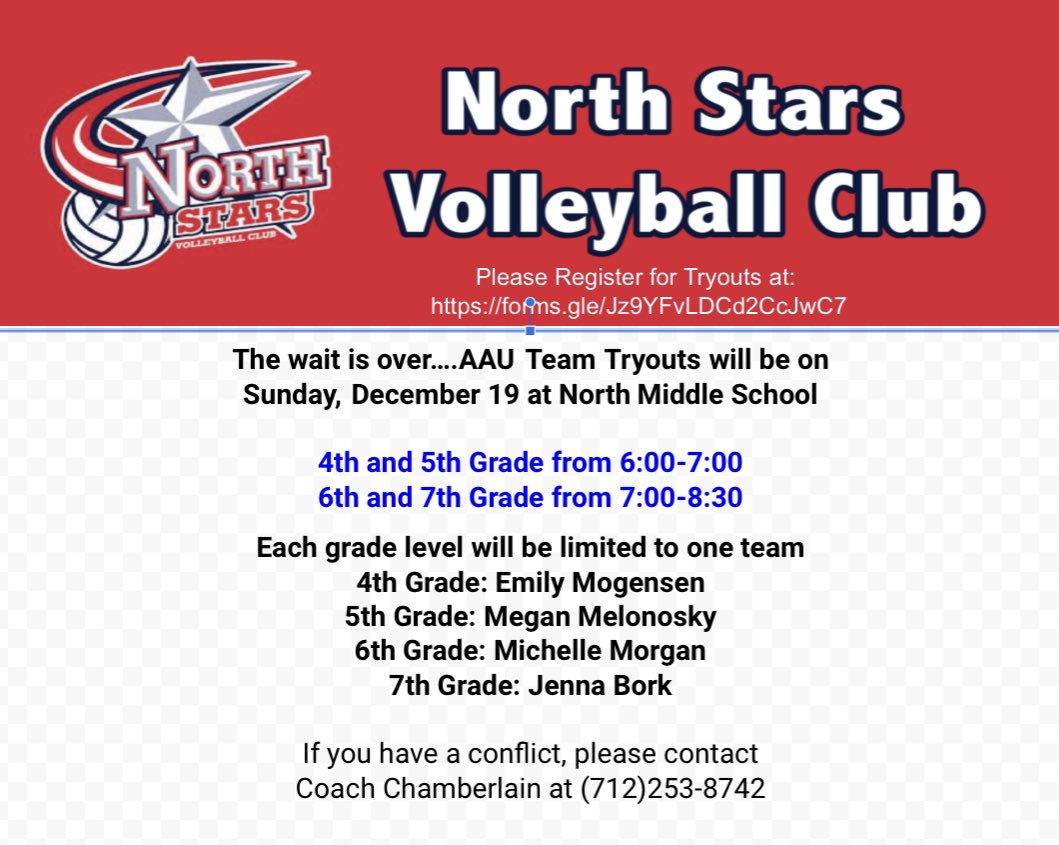 AAU Team Tryouts will be on Dec 19 at North Middle School

4th &amp; 5th: 6-7p
6th &amp; 7th: 7-8:30p

4th: Emily Mogensen
5th: Megan Melonosky
6th: Michelle Morgan
7th: Jenna Bork

?’s/conflict, please contact
Coach Chamberlain at 253-8742

Register for Tryouts:
foAms.gle/Jz9YFvLDCd2CcJ…