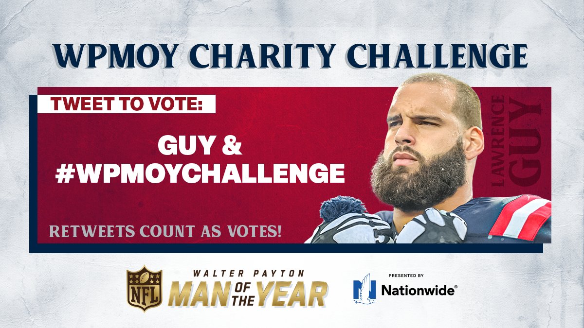 Patriots's tweet photo. Votes count 𝗗𝗢𝗨𝗕𝗟𝗘 today &amp; tomorrow in the #WPMOY Charity Challenge! 

Tweet #WPMOYChallenge + Guy to help @thatLGUY win $25K for the charity of his choice. https://t.co/KzfHRqVxkr
