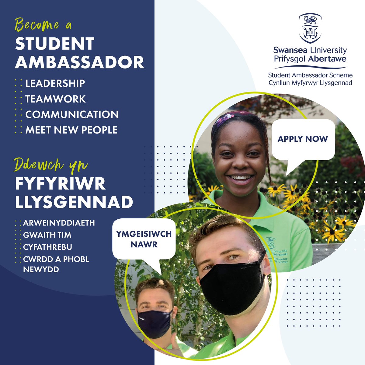 Ceisiadau Nawr ar Agor ar gyfer Llysgenhadon Myfyrwyr! 

Gwnewch gais i fod yn Llysgennad Myfyrwyr ar gyfer y Flwyddyn Academaidd 2021-22 a chofiwch nodi eich bod chi’n siarad Cymraeg! 

Ymgeisiwch Nawr: swansea.ac.uk/personnel/jobs…
 
Dyddiad cau: Dydd Sul 9ed Ionawr 2022